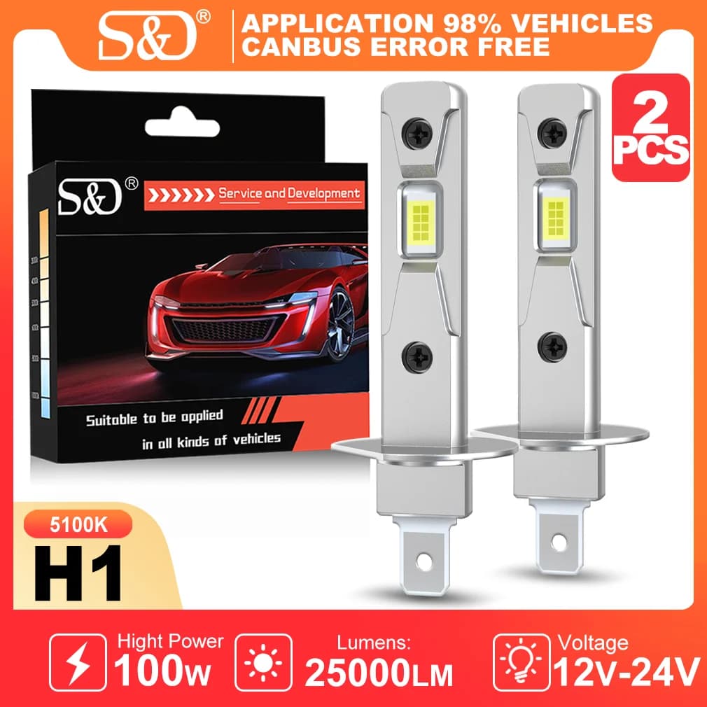 Lampadina LED H1 S&D Canbus 100W 25000LM, Luci LED Mini H1 CSP, Fari Fendinebbia Auto, Lampada Anteriore 12V 5100K Bianca Plug&Play
