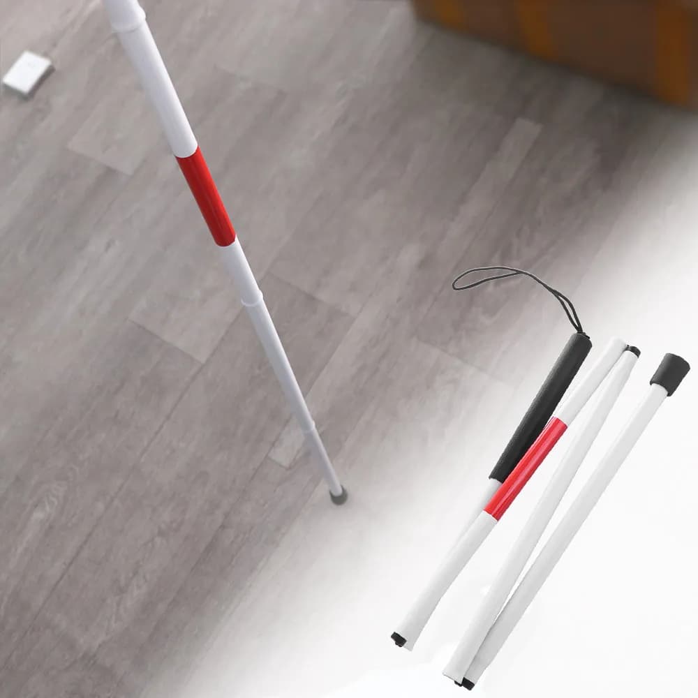 Aluminum Alloy Blind Walking Stick Reflective Anti-slip Grip Hiking Trekking Pole Adjustable Height 4 Section Folding Cane