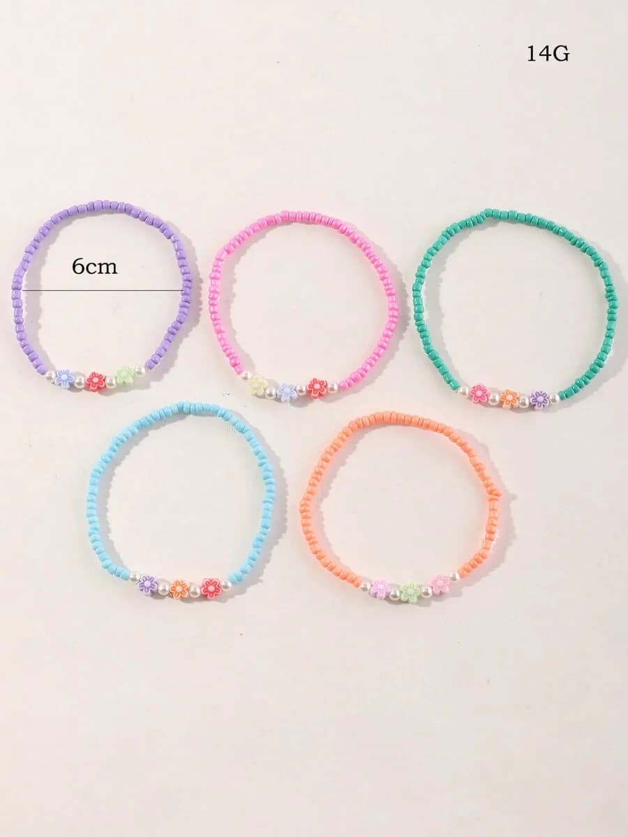5pcs Set Seed Bead Flower Anklets For Women Daily Decoration