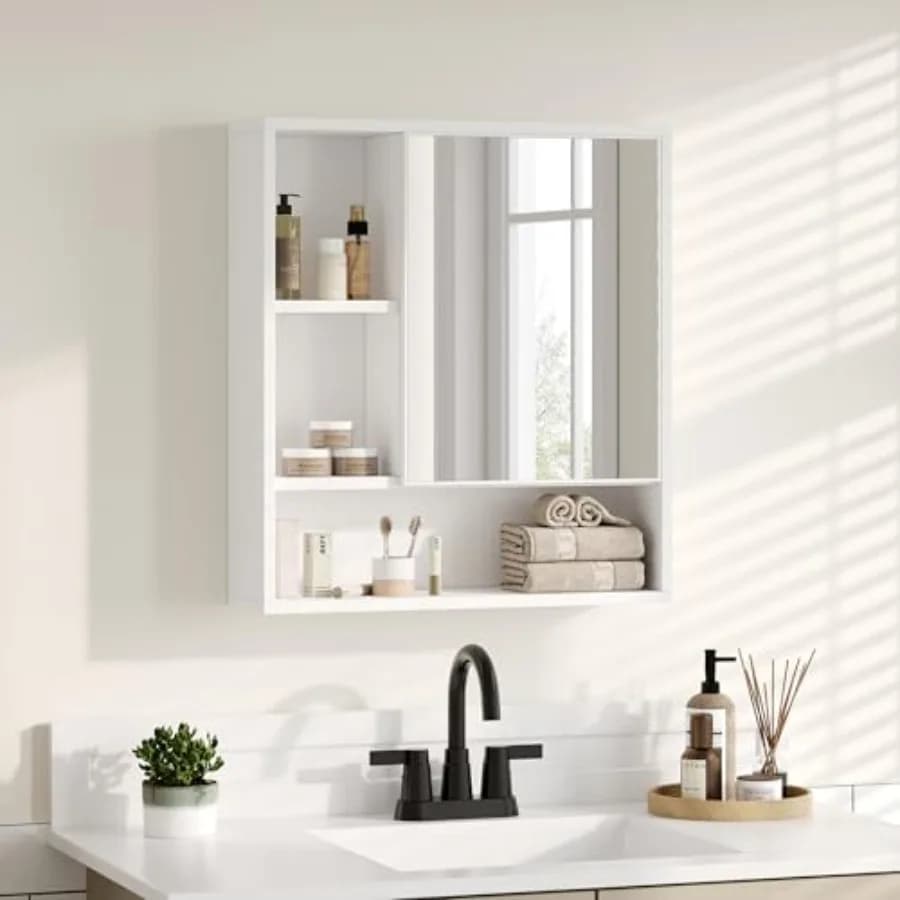 Armadietto a Specchio da Bagno con Anta Singola e Ripiano Regolabile, Mobile Salvaspazio per il Bagno Sopra il WC