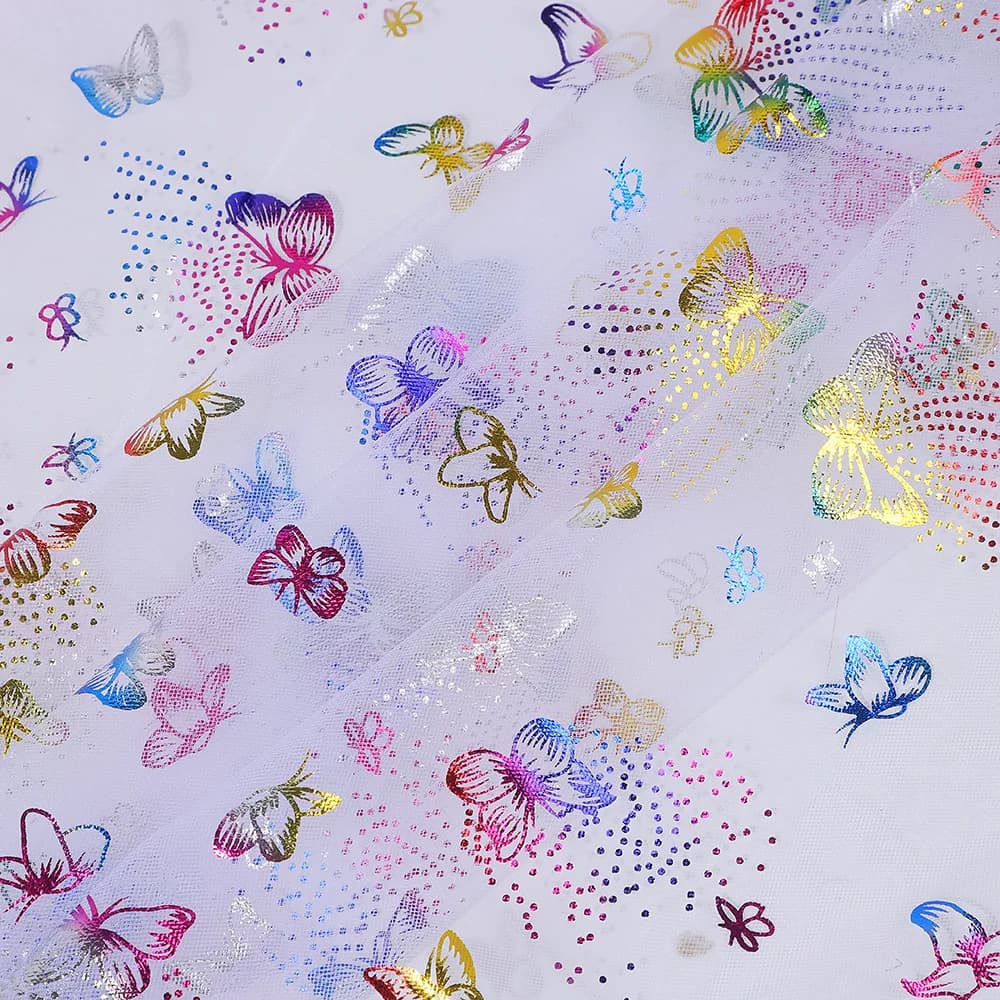5M 150Cm Wide Rainbow Butterfly Foil Print Tulle Net Cloth for Wedding Gown DIY Decoration Women Kids Dress Sewing Fabric F143