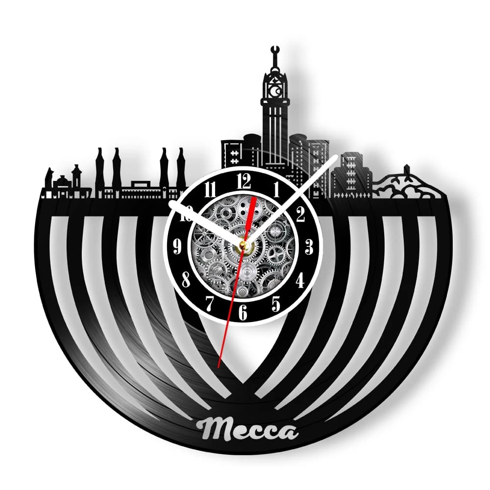 Orologio da Parete in Vinile con Design della Moschea della Mecca, Decorazione per la Casa con Tema della Preghiera dell'Ishaa, Opera d'Arte Silenziosa in Quarzo dell'Arabia Saudita