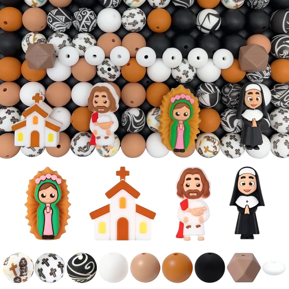 Set di perline in silicone religiose e culturali da 25/32/44/66 pezzi, perfette per l'artigianato fatto a mano come portachiavi, collane, braccialetti
