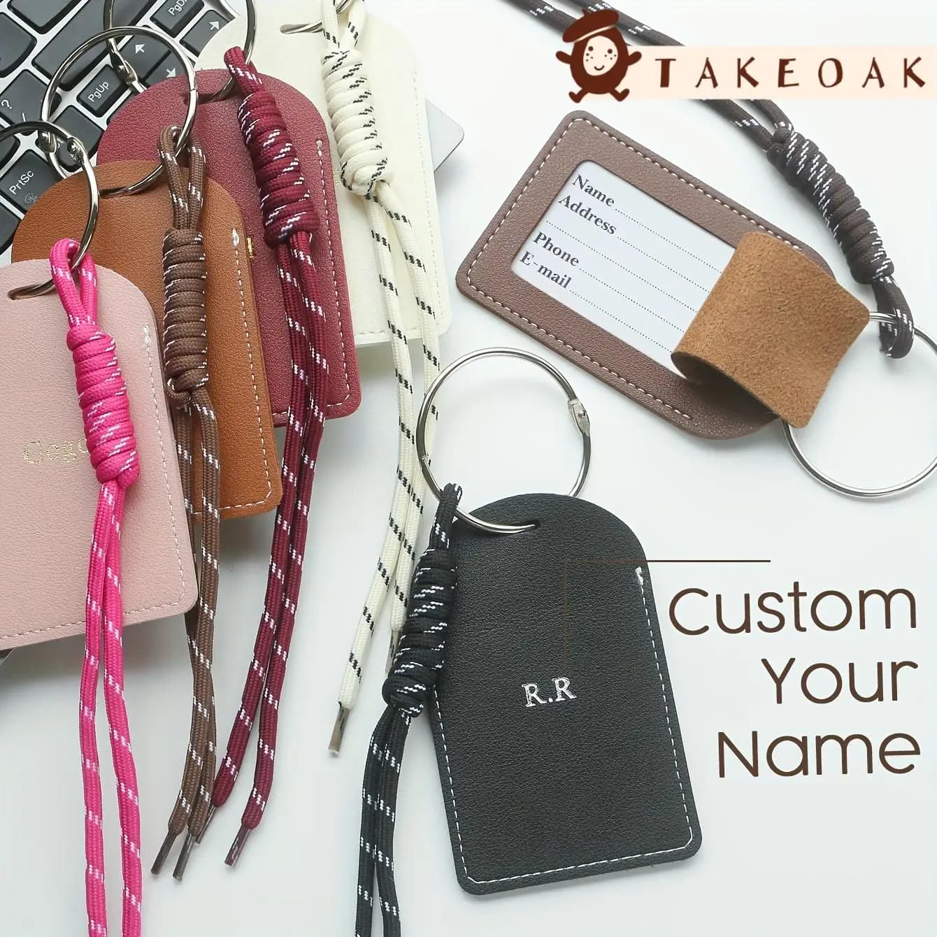 Personalized Custom Dual Initial Leather Luggage Tag Braided Rope Lanyard Privacy Flip Cover Anti-Lost Backpack Tag