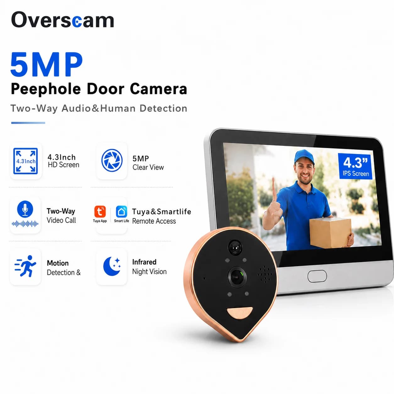 5MP Smart Video Door Viewer WiFi Peephole Camera 4.3 Inch Monitor 5000mAh Battery PIR Detection Night Vision Tuya Remote Access
