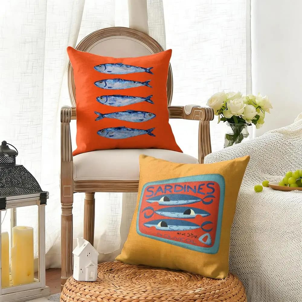 Fodera per cuscino Sardines Art in lino naturale, tessuto organico, stampa fronte-retro, per divano, decorazione casa, regalo