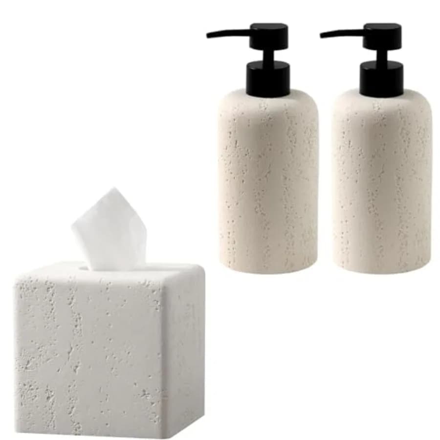 Dispenser di Sapone 2 Pezzi, Lussuosi Contenitori per Sapone Liquido, Lozione, Shampoo + Copri Scatola Fazzoletti, Bottiglie con Pompa in Travertino