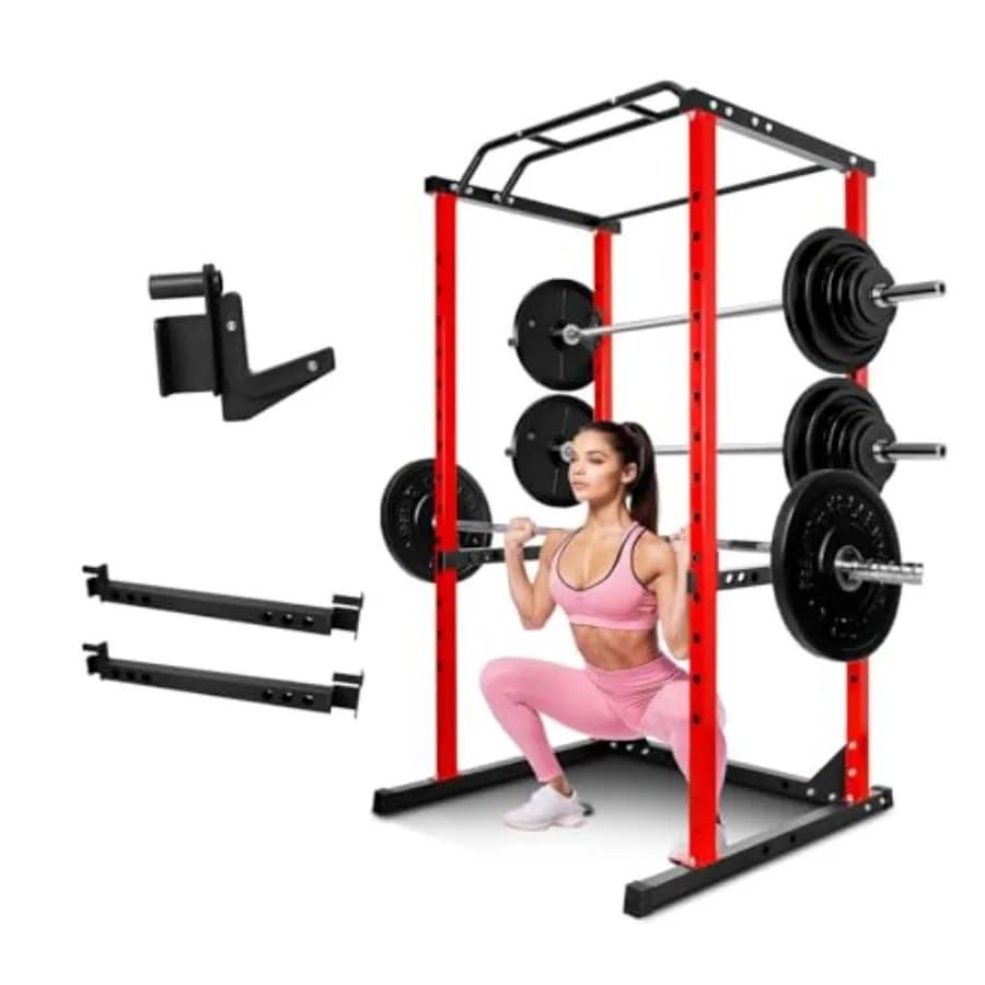 Power Cage for Strength Training with J-Hook, 1200-pound Rack Squat for Home Gym, Power Rack with Corner Traction Bar, Multifunction