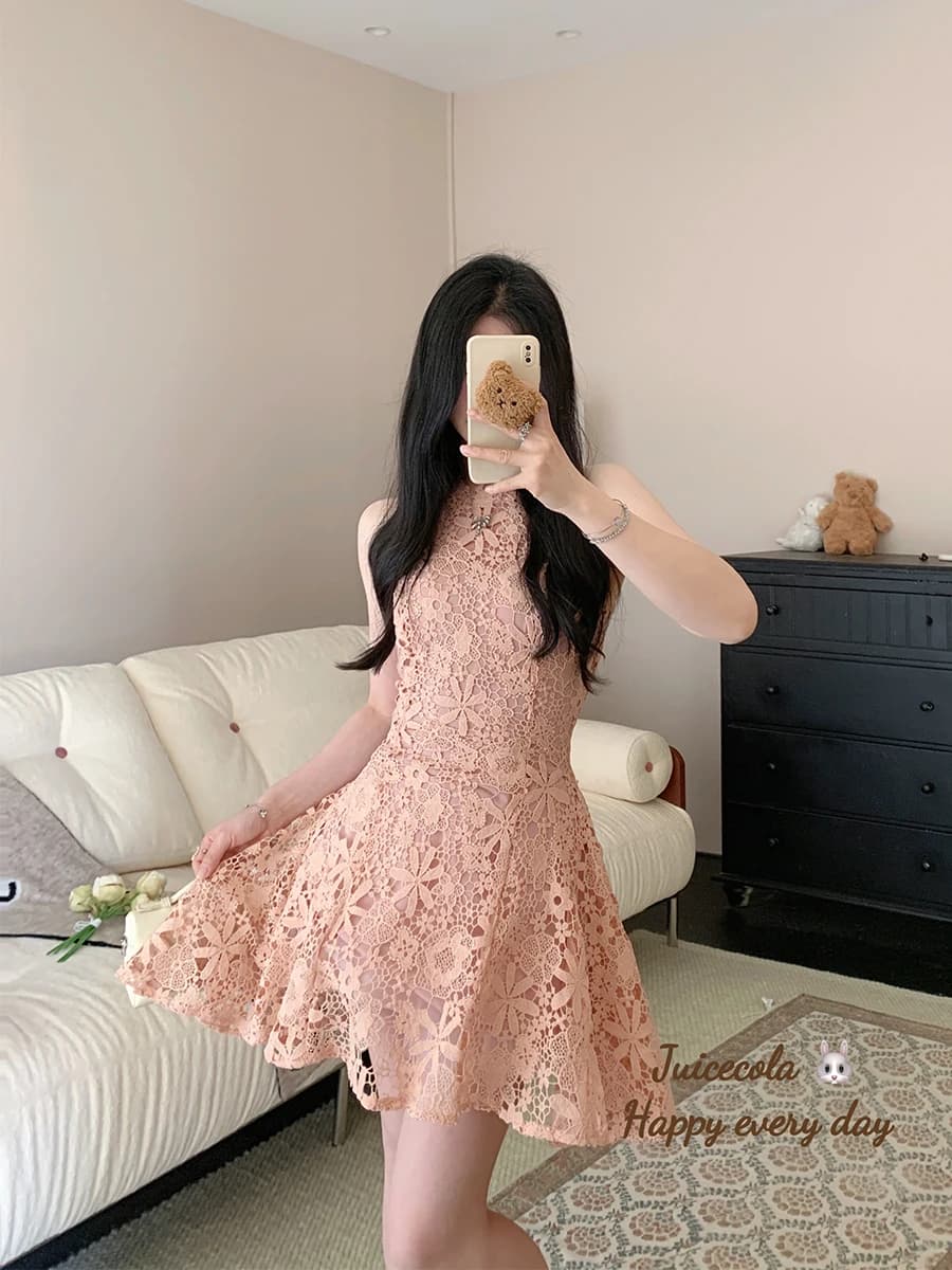 Abito da donna in pizzo rosa stile ragazza dolce, gonna corta a trapezio con vita aderente, vita alta, ricamo fatto a mano traforato, in poliestere