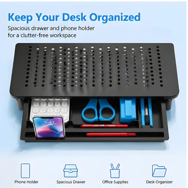 J1HD Desk Stand for Monitor and Laptop with Storage Drawer, Lower Shelf Clearance and 3 Height Positions for Home Office and