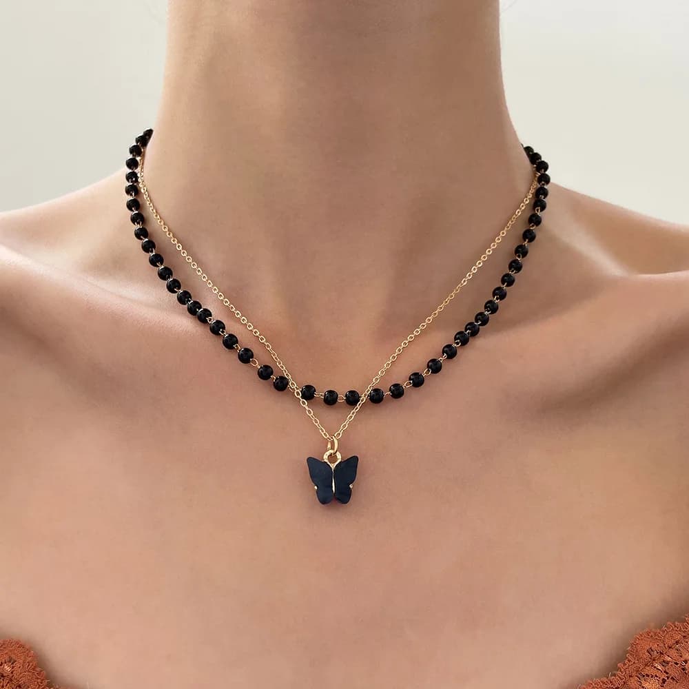 Collana francese con ciondolo a farfalla di perle nere a doppio strato per le donne, moda gotica, catena con clavicola, gioielli per feste, regali di compleanno