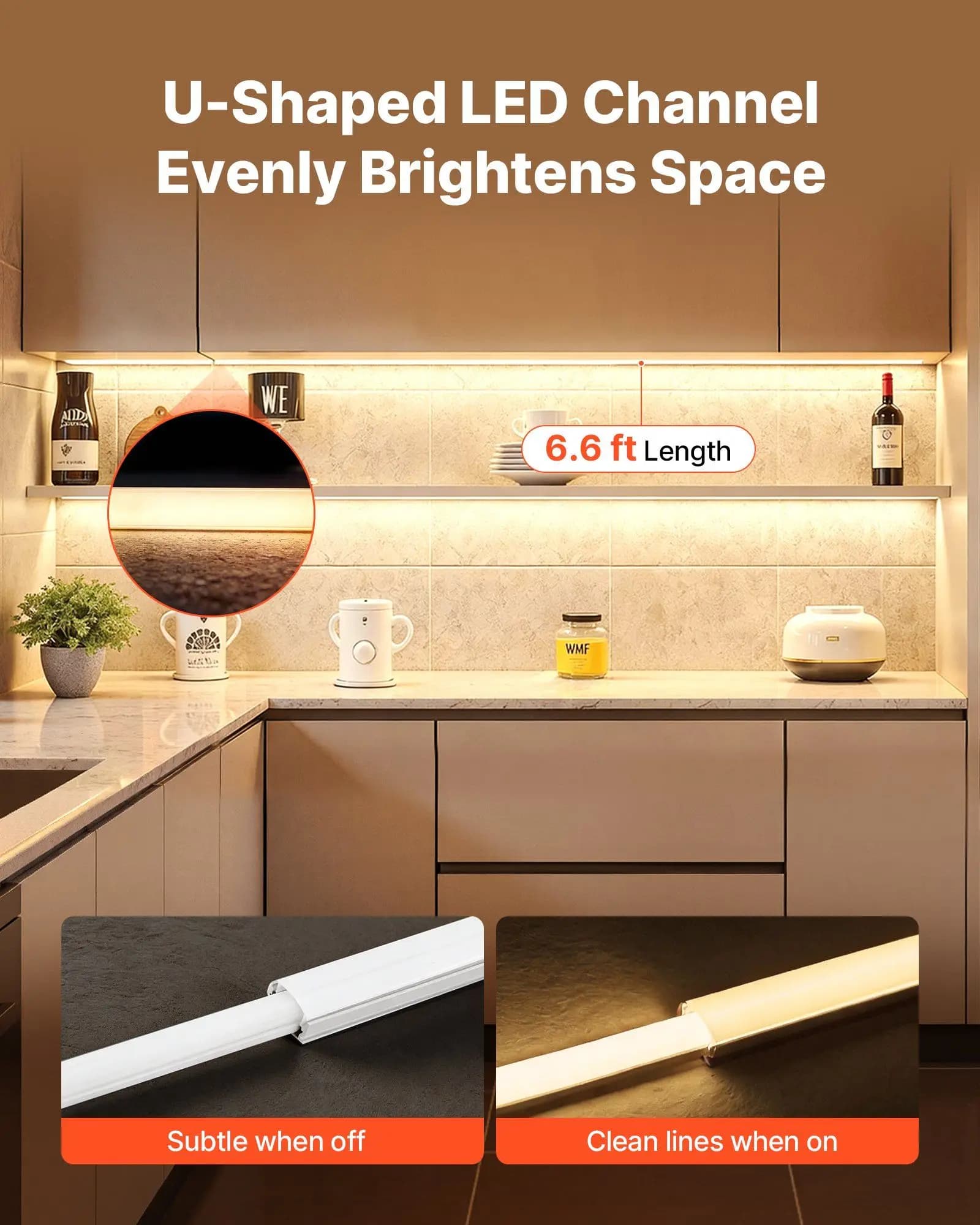 Pack of 10 U Shape Aluminum Profiles for LED, 6,6 ft/2M, with Opaca Cover, Terminal Caps and Mount Clip, Aluminum Profile for LED Strips