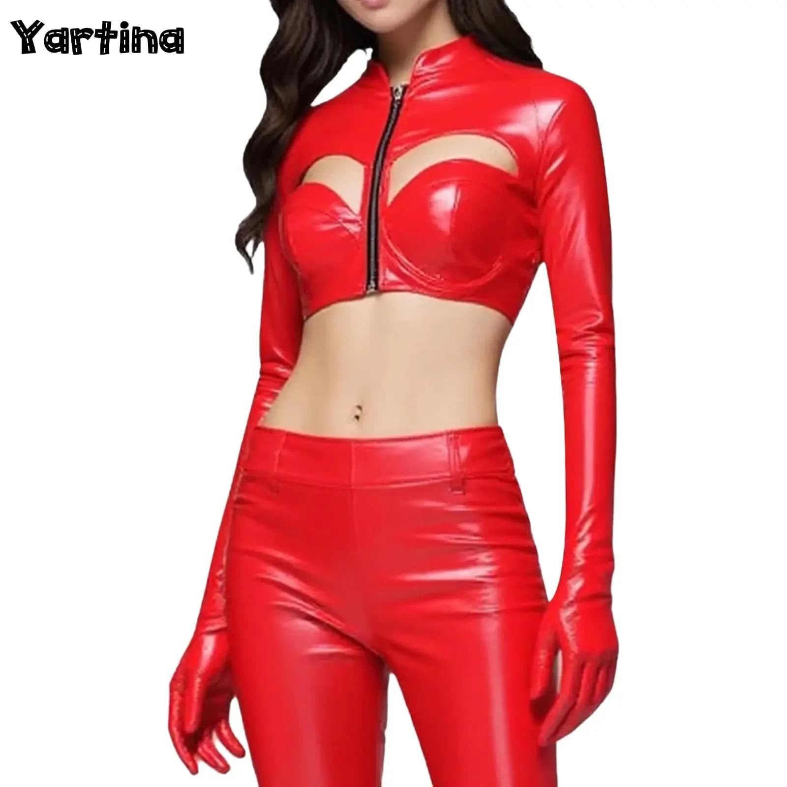 Top corto da donna in lattice di pelle PU lucida metallizzato effetto bagnato Clubwear colletto alla coreana guanti manica petto scava fuori top con cerniera frontale