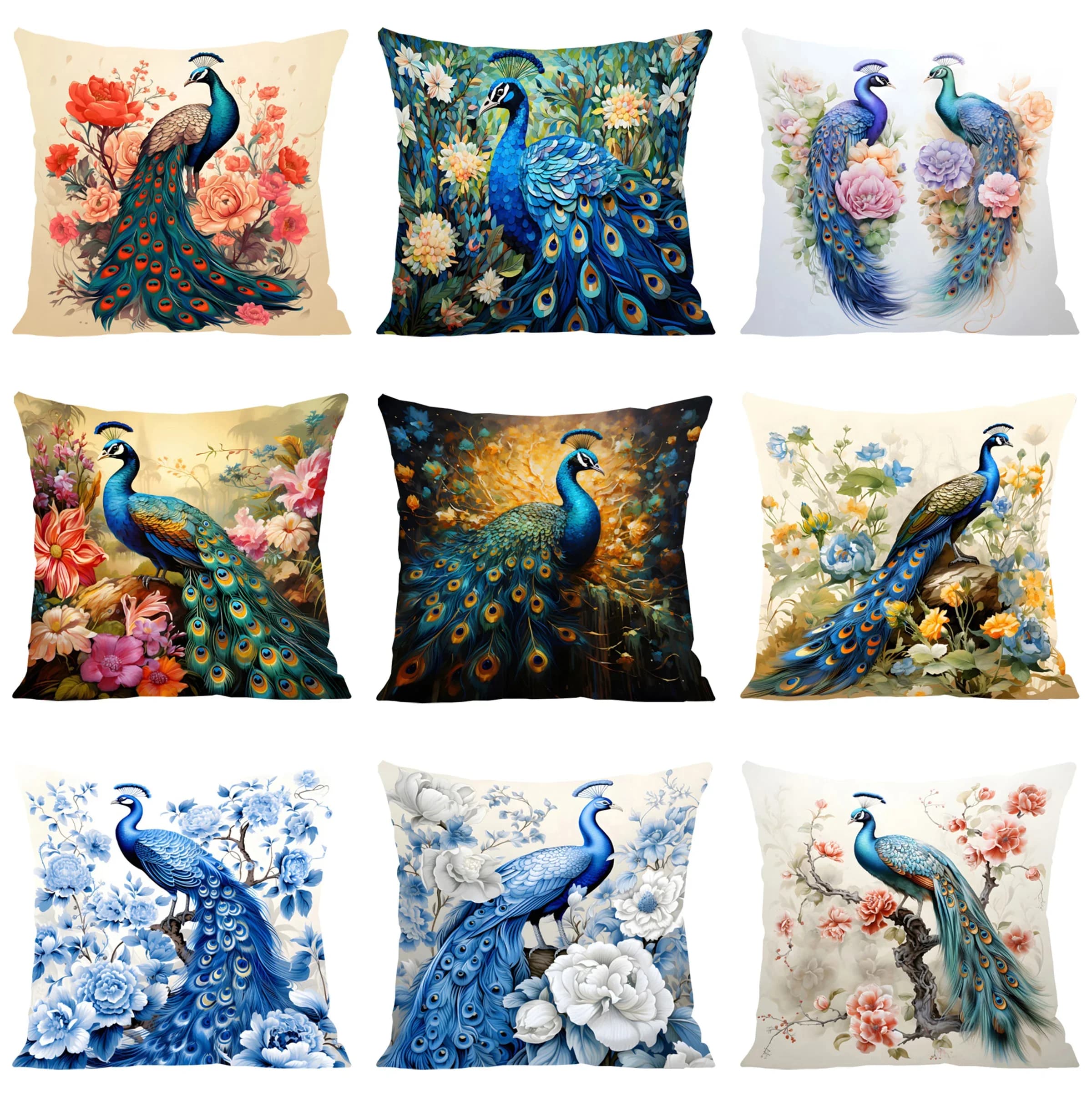 Peacock cushion cover with oil painting in Nordic style 45x45cm lining for cotton linen sofa, pillowcase for home decoration 40x40cm