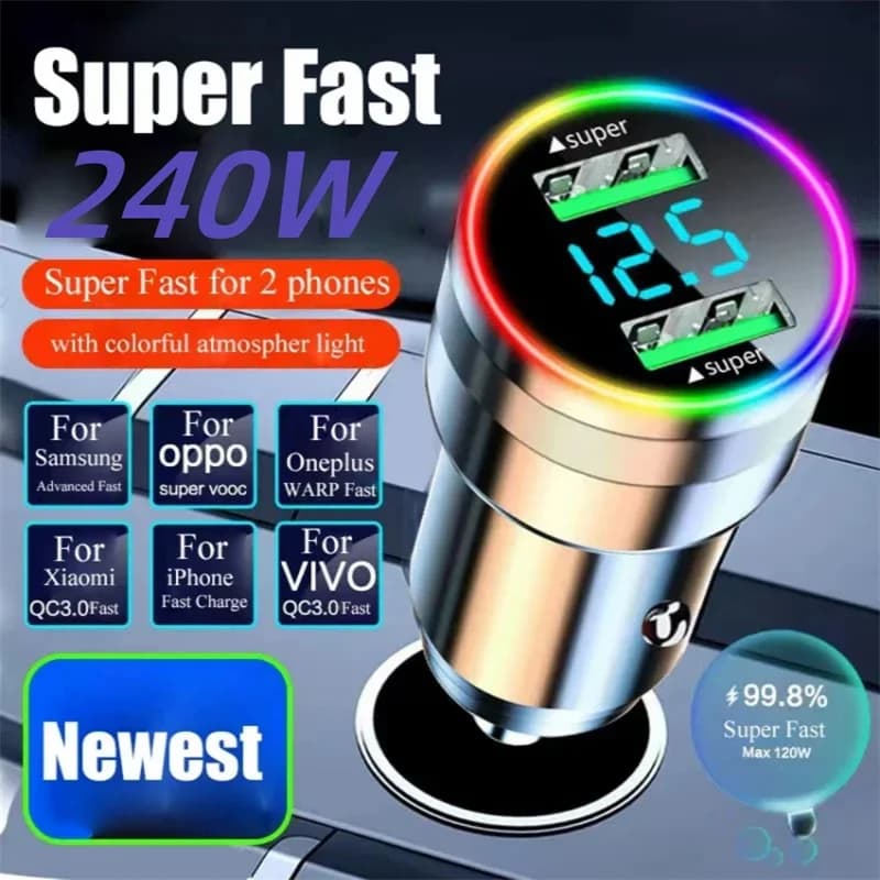 Caricabatteria da auto USB Super veloce a 2 porte per iPhone 14 Pro Max 13 oneplus Huawei OPPO Samsung Xiaomi 240W adattatore per caricatore a ricarica rapida