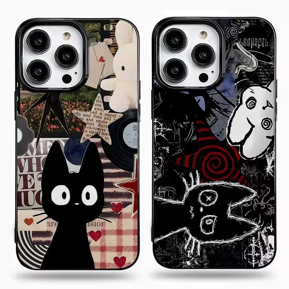 Graffiti Black Cat Pattern Lovely Kitty Phone Case For iPhone 17 16 15 14 13 12 11 Pro MAX 17air 16e MINI XR XS 7 8 Plus Cover