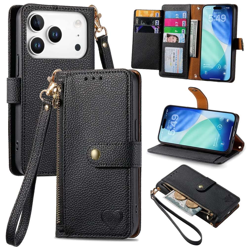 Custodia per telefono con cerniera in pelle RFID con slot per schede per IPhone 17 Air 16E 15 14 Plus 13 12 11 Pro Max Custodia protettiva per cinturino da polso