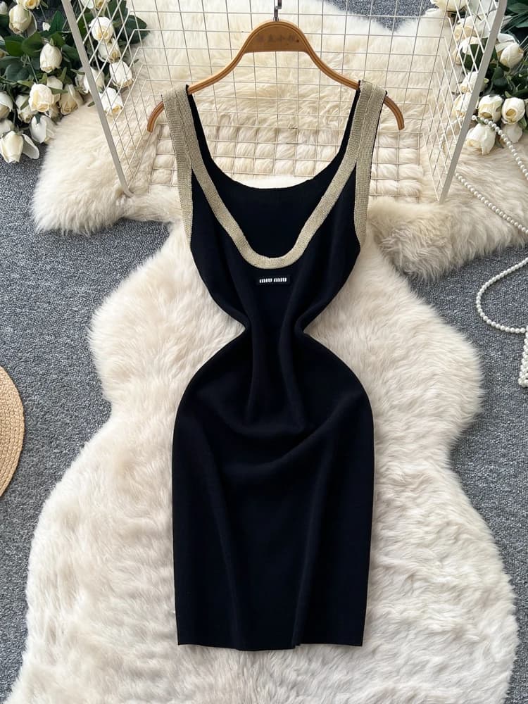 Korean Style Commute Black Sleeveless Knitted Slim Fit A-Line Dress High Waist Office Wear Women's Fashion Summer Dress
