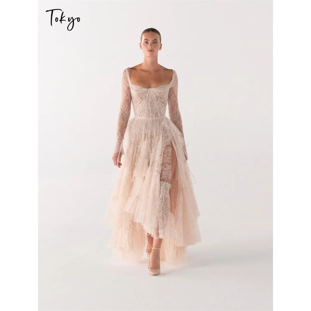 Tokyo Lace Long Sleeve Prom Dress Blush Pink Square Neck High Slit Bridal Shower Wedding Gown Evening Formal Party Maxi Gowns