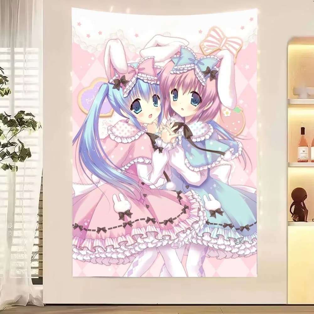 Original Anime Tapestry Blue Twin Ponytails Anime Girl Perfect Gift for Game Fans Wall Hanging for Bedroom Dorm Room Decor