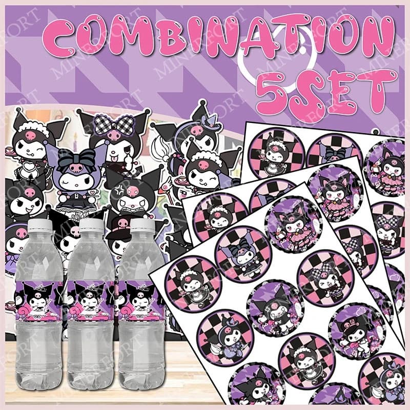 Set of 5 Wall decals Cartoon Kuromi and Labels for Water Bottles, Decorations Kawaii Sanrio Anime Fai-da-Te, Gift for Birthday Party and Baby Shower