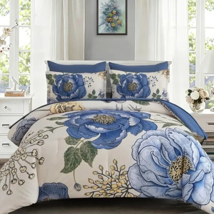 Set Copripiumino Floreale 7 Pezzi, Set Letto Completo con Stampa Floreale, Copripiumino Morbido Reversibile con Lenzuola 90"x90