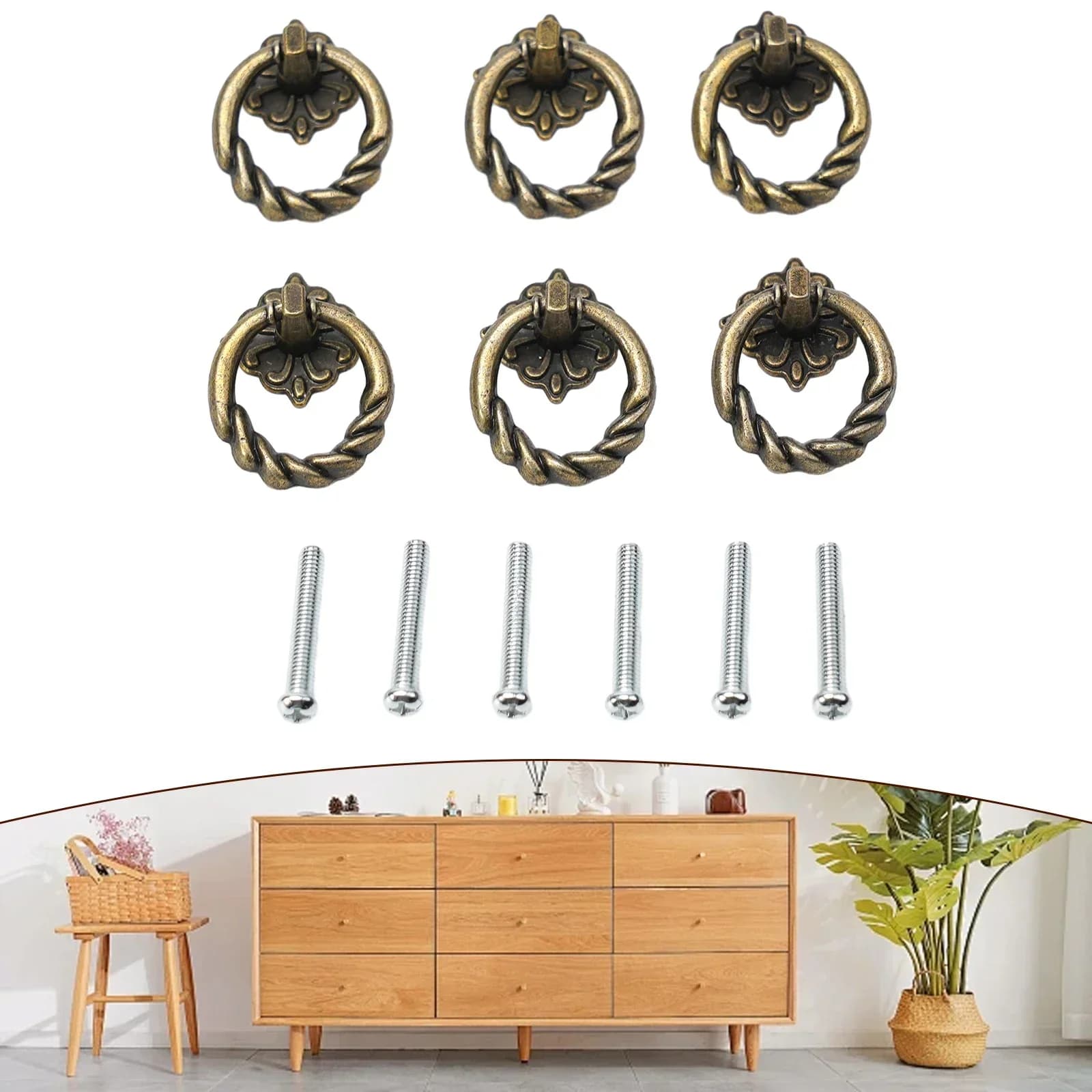 6X Manopole vintage per armadietti in lega di zinco con maniglia ad anello per ante di cassetti e armadi, adatte per la cucina