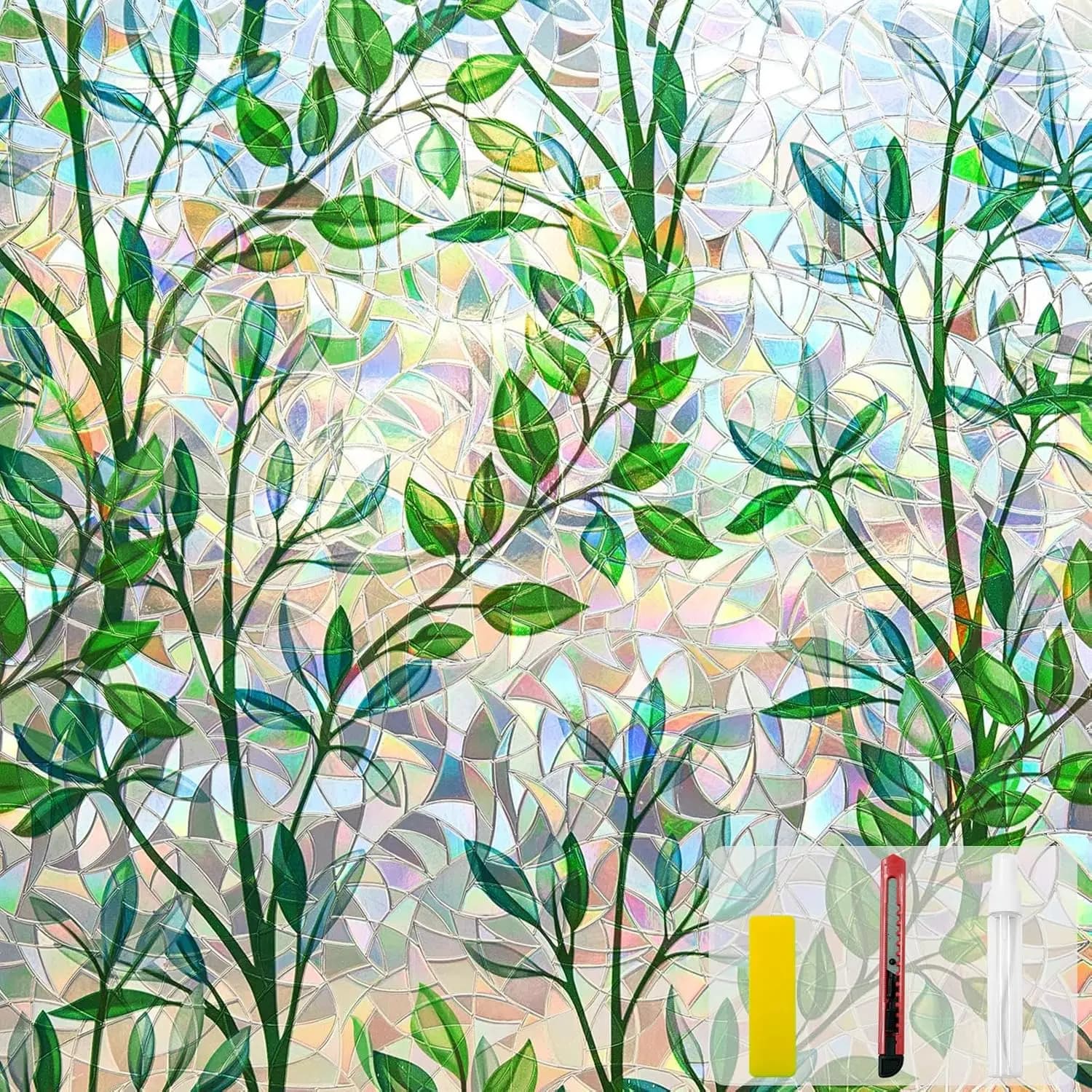 Film for windows effect stained glass, film for windows effect rainbow, decorative film reusable non-adhesive for environments (motive leaves)