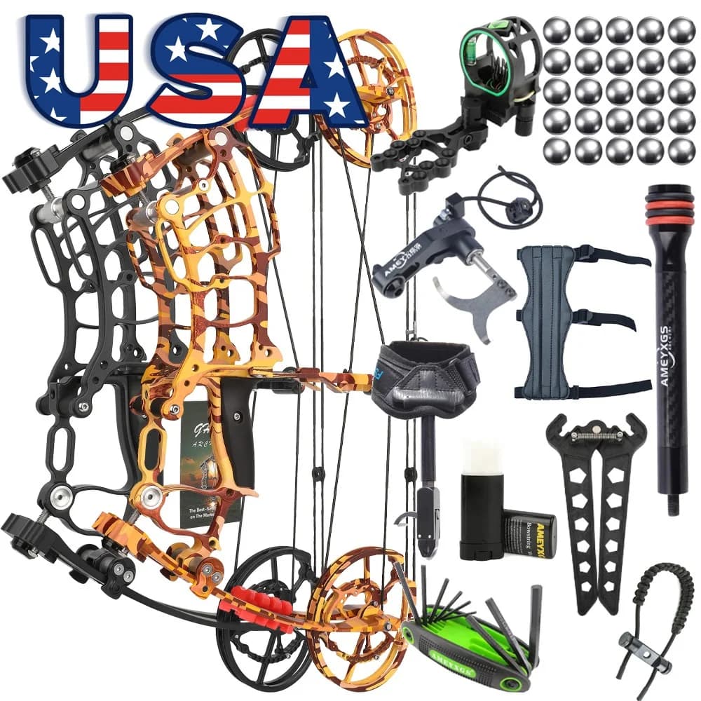 Short Axis Compound Bow Set Kit 30-60Lbs Adjustable Draw Weight Ambidextrous RH LH Design Supports Steel Balls & Arrows Complete Archery Set for Bowfishing Small Game Hunting Backyard Target Shooting Training Gear