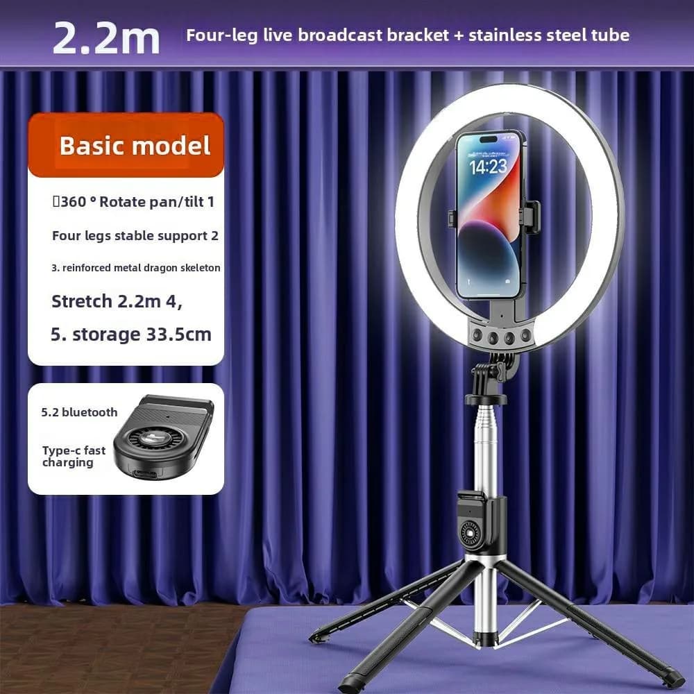 LISCN P220Q Supporto per selfie stick per telefono da 2,3 m Supporto portatile per streaming live esterno con anello luminoso a LED da 10 pollici
