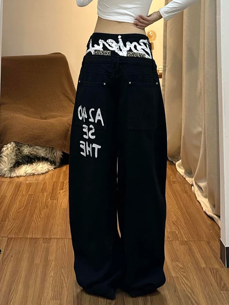 Jeans Larghi da Donna Stile Americano Lazy Girl, Retro con Doppia Vita e Stampa Lettering, Pantaloni a Gamba Larga
