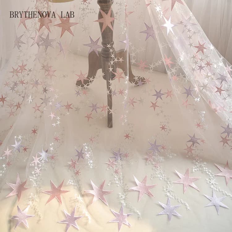 Pink White Bicolor Star Embroidery Lace Fabric Wedding Veil Dress Accessories 140CM Handmade Clothing Materials