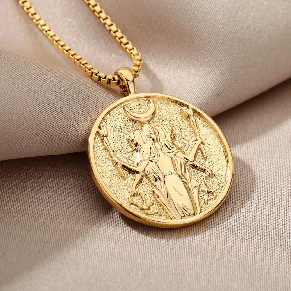 Vintage Hecate Pendant Necklace For Women Men Gold Pltaed Greek Athena Aphrodite Medallion Necklaces Stainless Steel Jewelry