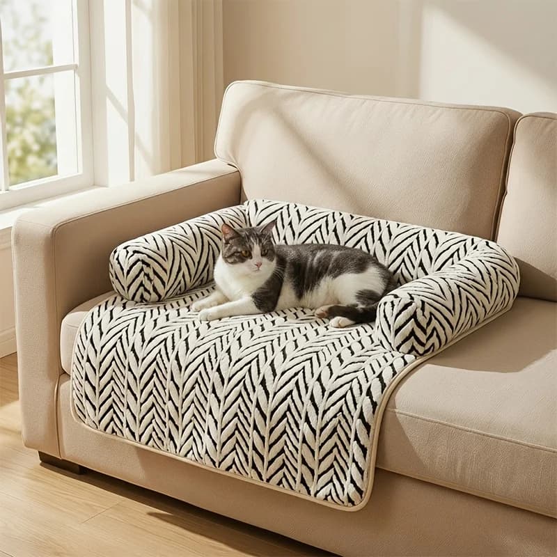 Dog Cat Couch Bed, Plush Pet Sofa Bed with Bolster, Non-Slip Furniture Protector Cover for Indoor Cats Small Dogs