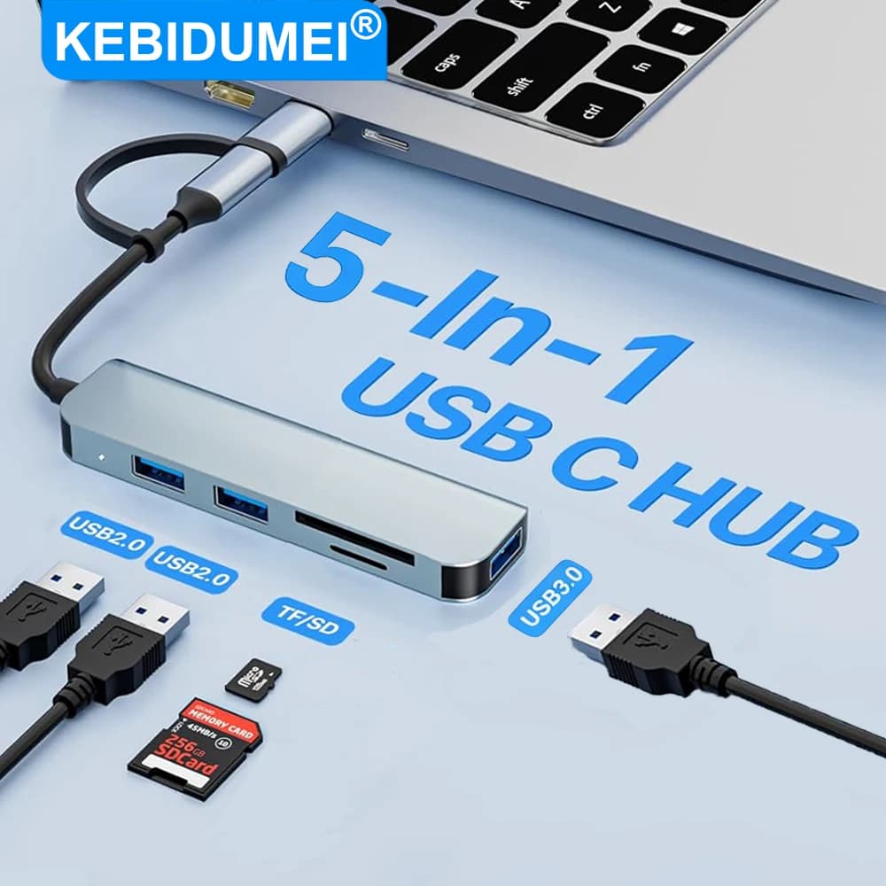 KEBIDUMEI USB 3.0 HUB 5 in 2 Docking Station con supporto per schede TF e SD, trasferimento dati veloce, splitter multiporta per computer e telefono