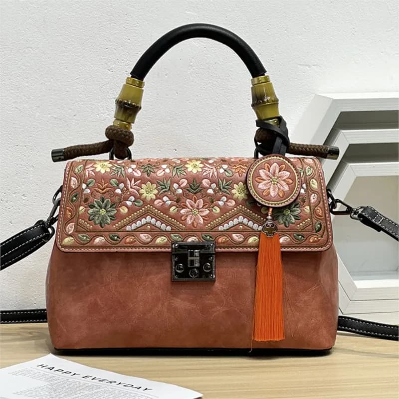 Johnature Embroidery Cheongsam Women Leather Bag 2026 New Chinese Style Tassel Handbag Large Capacity Versatile Shoulder Bags