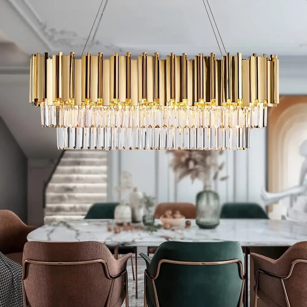 Lampadario di Lusso in Cristallo K9 Dorato, Moderno Ovale a Più Livelli, Lampada a Sospensione per Sala da Pranzo, Soggiorno, Cucina, Isola, Lampada Lunga