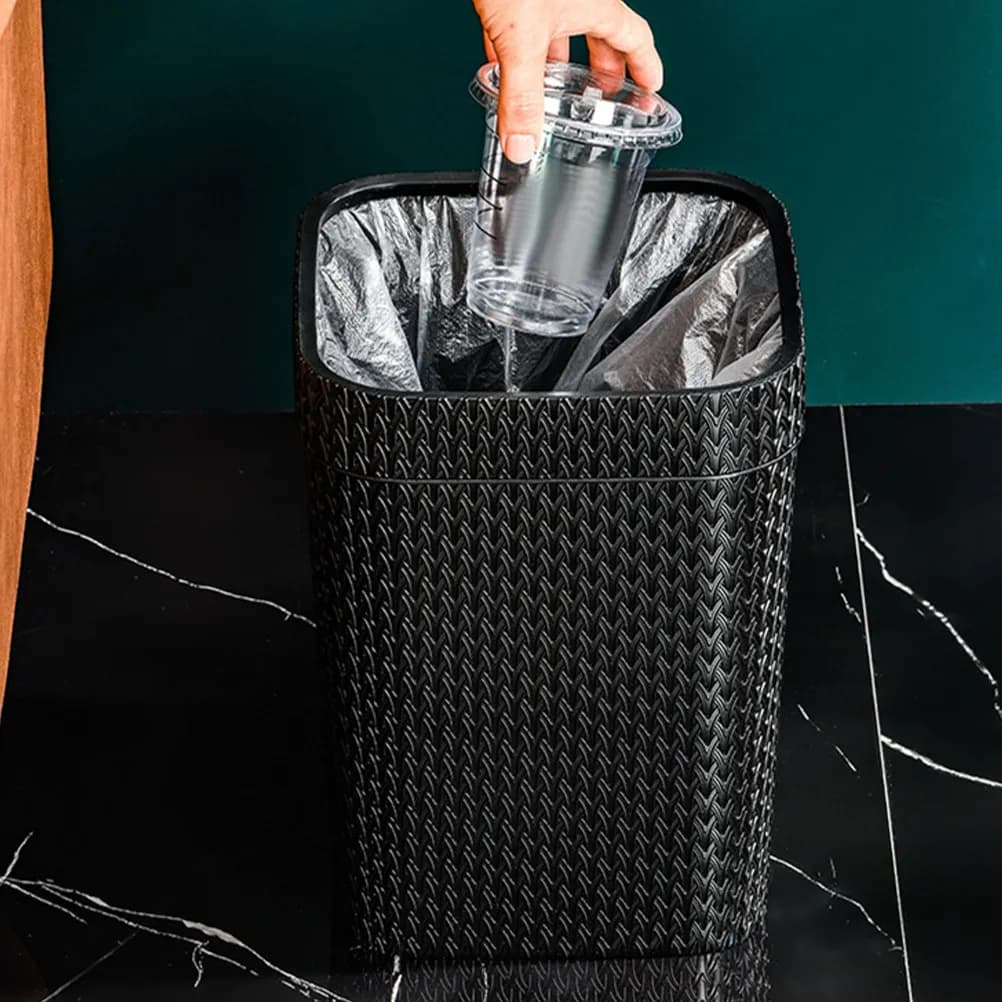 Lidless Imitation Rattan Woven Garbage Bin with Bag-Fixing Pressure Ring Multi-Function Waste Basket for Bathroom Bedroom Study