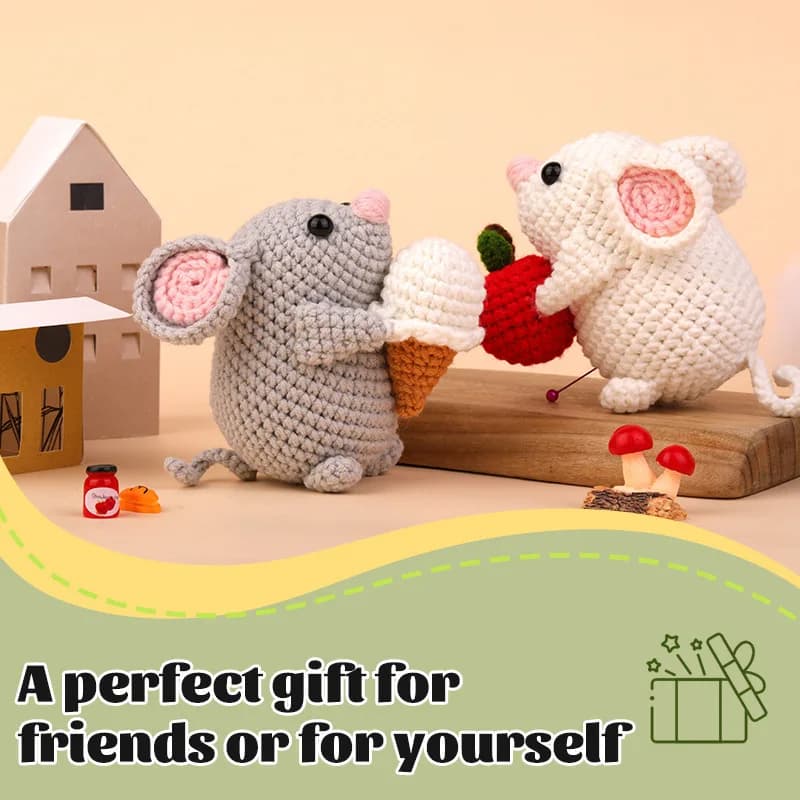 Set di materiali fai-da-te per due topi, mini bambola, palla di filato, uncinetto, confezione di materiali tessuti a mano, illustrazione video in inglese