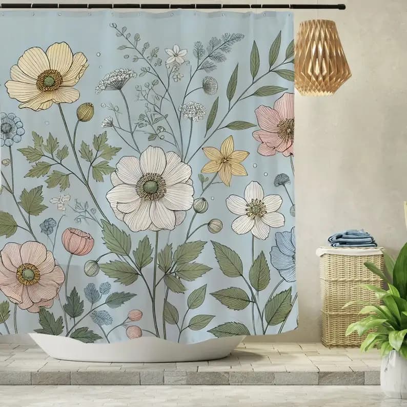 Tenda da doccia floreale blu Decorazione da bagno con fiori botanici per la cameretta delle bambine, tende personalizzate impermeabili con 12 ganci