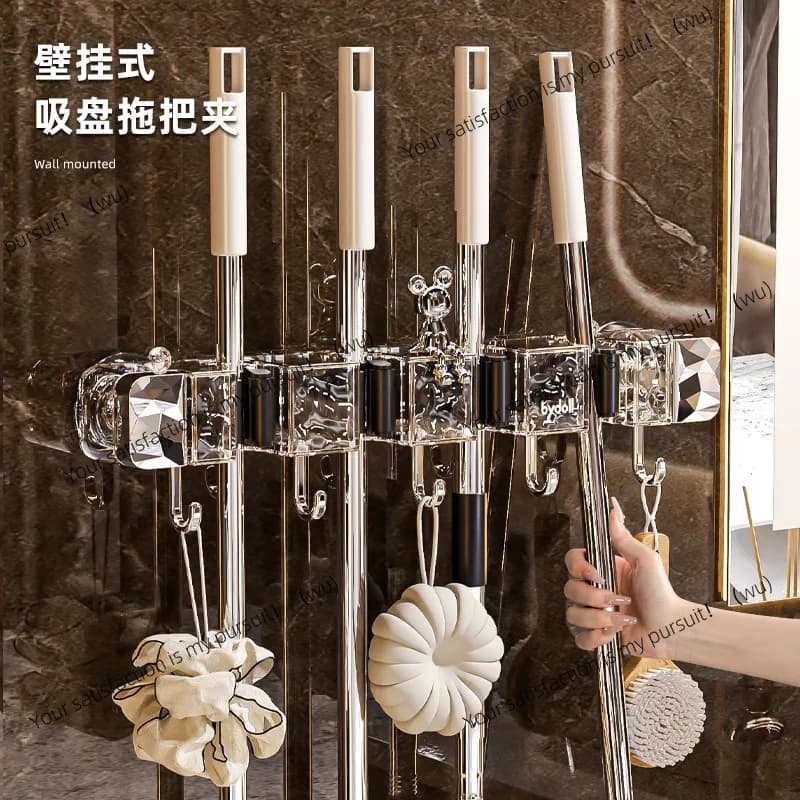 Gancio per clip per mop a ventosa, gancio per punzonatura, appeso a parete, portaoggetti per mop da bagno, con fibbia in plastica