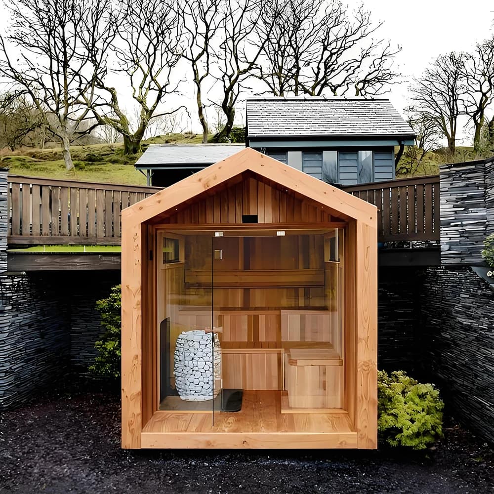 Sauna da Esterno per 6 Persone, Sauna a Infrarossi in Cedro Rosso Massiccio, Lussuosa Sauna a Torre con Altoparlante Bluetooth, Moderna Sauna da Giardino
