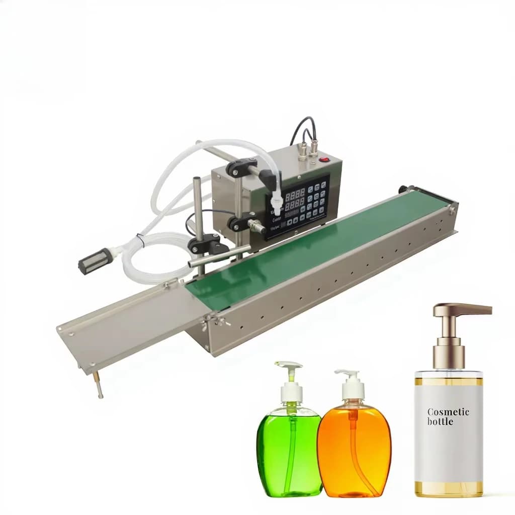 Macchina automatica per il riempimento di liquidi con nastro trasportatore per bottiglie di vetro e plastica, profumi, acqua, emulsioni liquide, oli essenziali