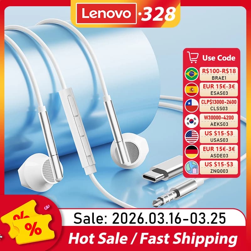Cuffie cablate Lenovo YF28 In-Ear con jack Type-C/3,5 mm, auricolari con suono HIFI e microfono per laptop, computer, tablet, telefono, nuove