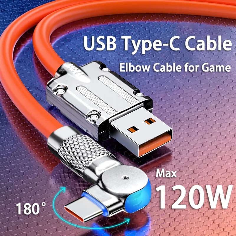 Cavo a gomito con rotazione del cavo di tipo C a ricarica rapida da 120 W 7A per il gioco per Xiaomi Cavo USB C in silicone liquido per caricabatterie per telefono Samsung
