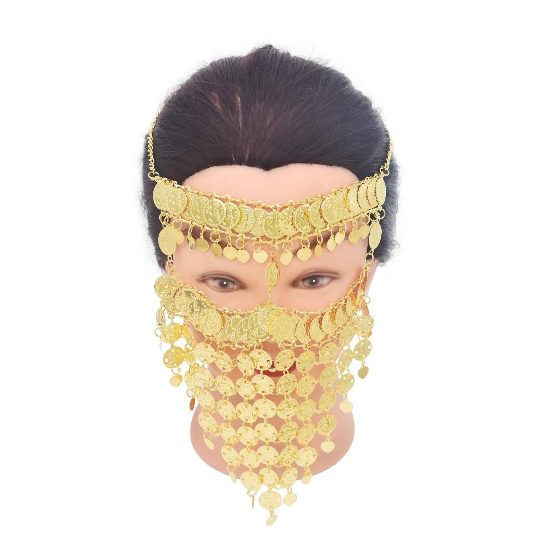Triangolo dorato Moneta Campana Nappa Catena per il viso Accessori per capelli per le donne Medio Oriente Afghano Abito etnico Maschera Gioielli per capelli
