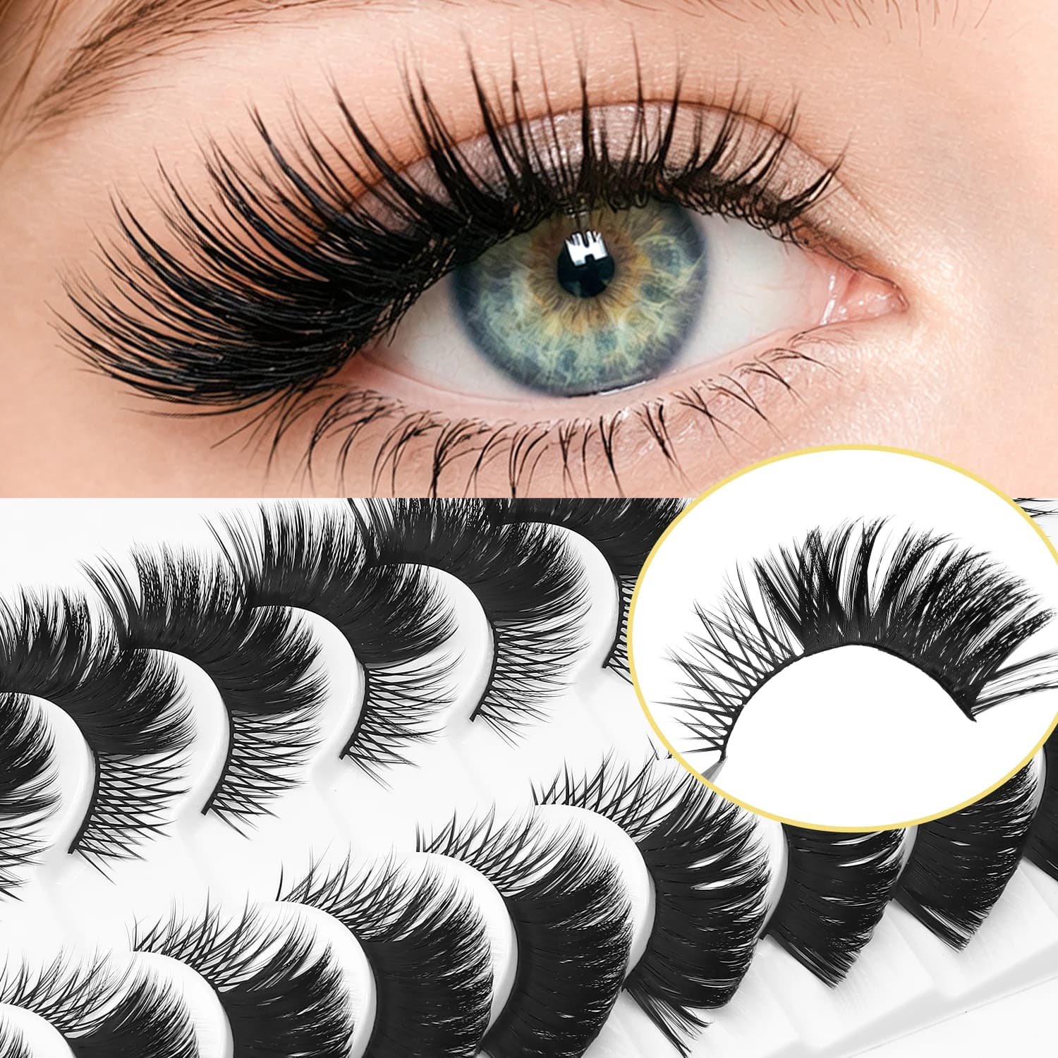 10 paia di ciglia finte lussuose e spesse, ciglia soffici e voluminose con un design allungato negli angoli esterni, creano un look affascinante, adatte per l'uso quotidiano, per appuntamenti e per il trucco da festa.