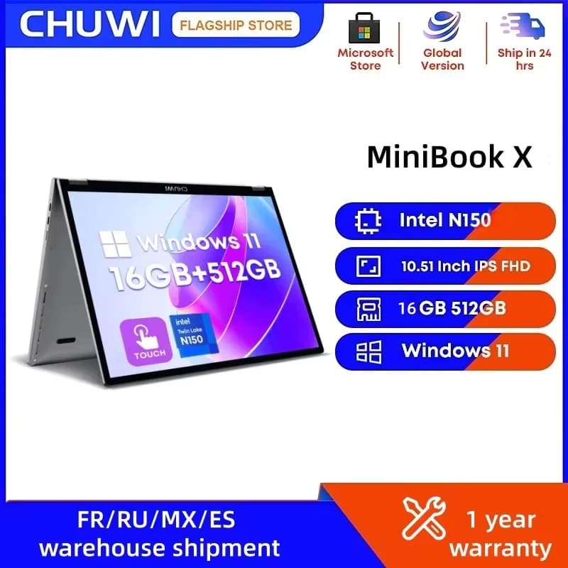 CHUWI MiniBook X Tablet Laptop 2-in-1 con Schermo Touch, Intel N150, 16GB LPDDR5, 512GB SSD, 10.51'' 2K FHD, WiFi6, Windows 11
