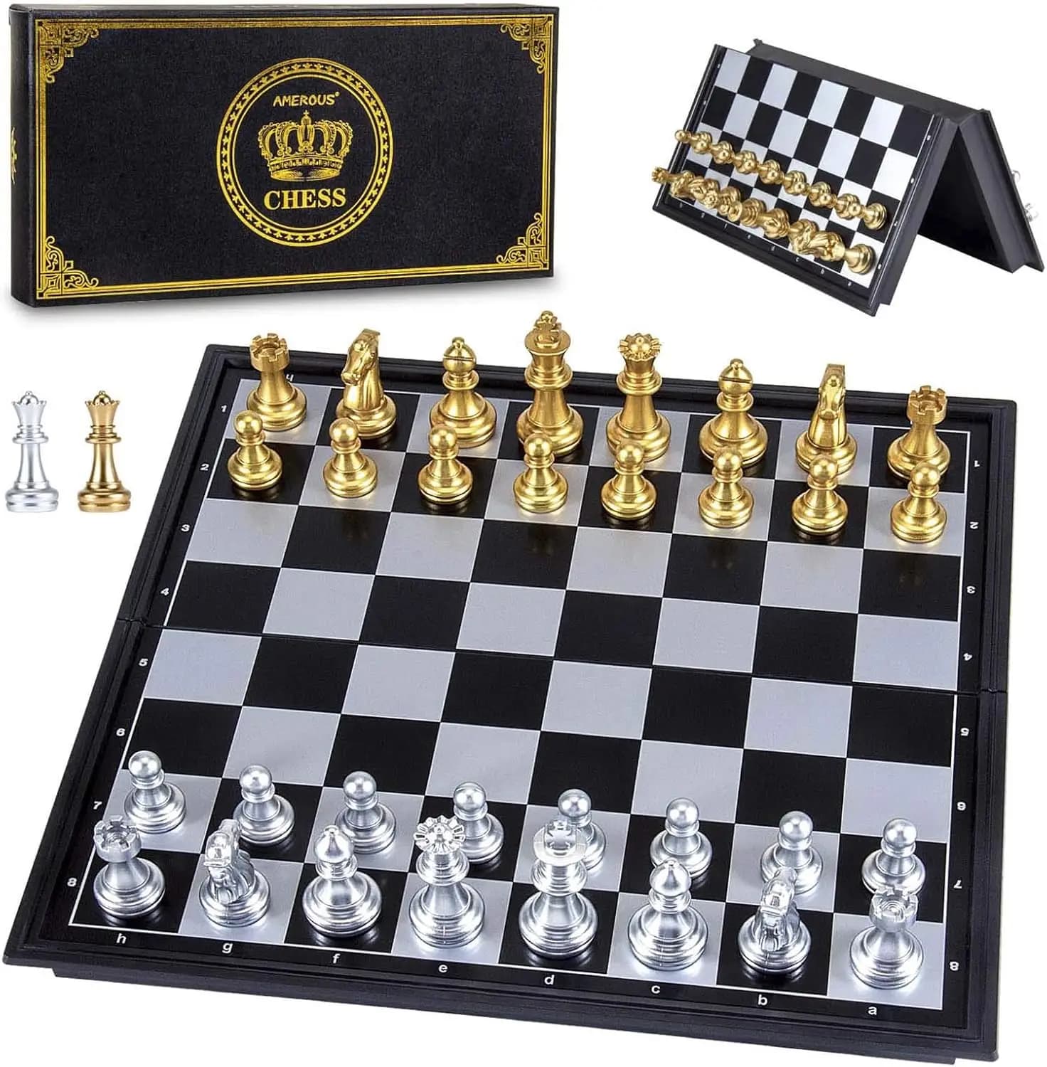 Set di Scacchi Magnetico da Viaggio, Scacchiera Pieghevole Portatile con Pezzi Oro e Argento, 2 Regine Extra, per Principianti Bambini Adulti