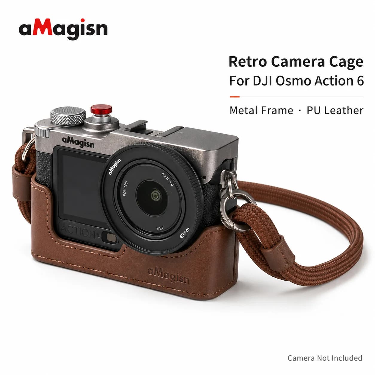 Retro Camera Cage for DJI Osmo Action 6 Vintage Aluminum Alloy Protective Frame with PU Leather Case Cold Shoe 1/4 Mount